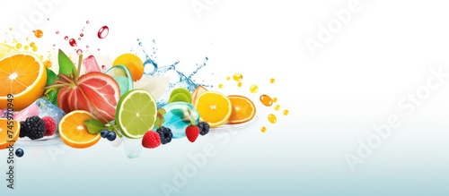 A collection of colorful fruits, including apples, oranges, bananas, and berries, suspended in mid-air against a white background. The fruits appear to be frozen in motion,