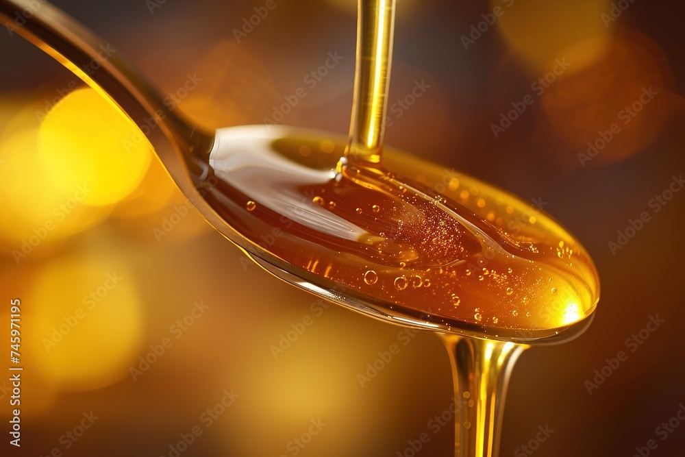 Amber syrup flowing onto glossy spoon surface Amber syrup flowing onto glossy spoon surface