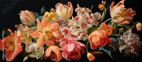 A painting depicting a vibrant bunch of Parrot Tulips flowers arranged in a vase. The beautiful blooms showcase a variety of colors and intricate patterns, adding a splash of color to the scene.