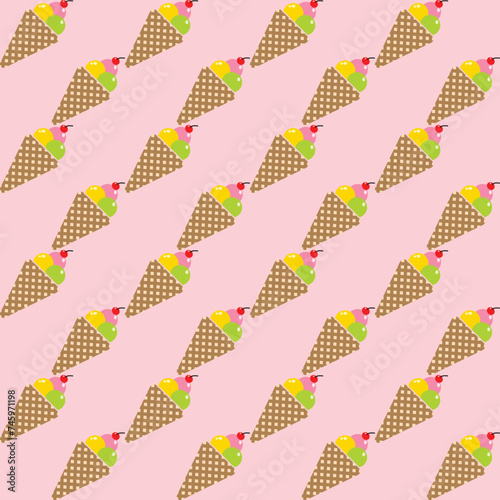 Seamless pattern with ice cream cones on pink background. Vector illustration.