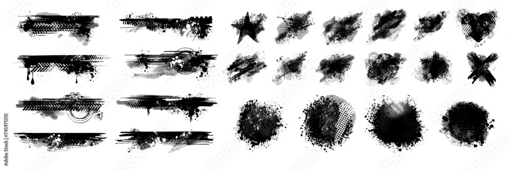 Grunge border set, black ink splatter vector stain, paint brush stroke kit, graffiti texture splash. Abstract dirty blob, messy shape drawing collection isolated on white. Grunge border print element Grunge border set, black ink splatter vector stain, paint brush stroke kit, graffiti texture splash. Abstract dirty blob, messy shape drawing collection isolated on white. Grunge border print element