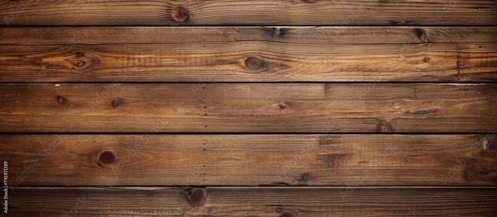 Fototapeta premium A weathered wooden wall stands prominently against a solid brown background. The texture of the wood is visible, adding character to the simple yet striking composition.