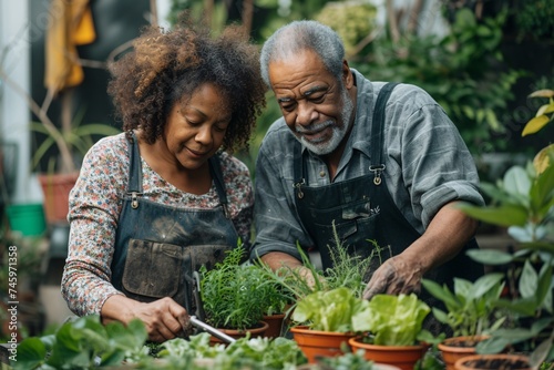 An older man teaching gardening to a younger woman among green plants in a greenhouse