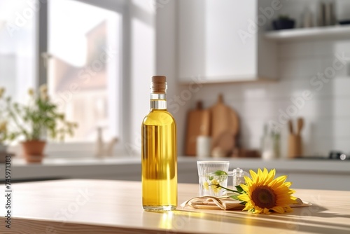 Bottle of oil with sunflower on wooden kitchen table photo