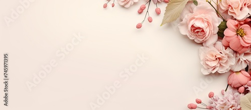 An elegant white background adorned with delicate pink flowers in full bloom. The contrast between the soft petals and the light backdrop creates a visually striking composition. © Ilgun