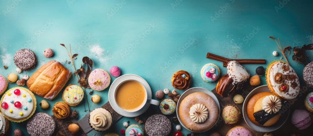 A table is laden with various donuts and a cup of coffee, creating a tempting and appetizing scene for breakfast or a snack.