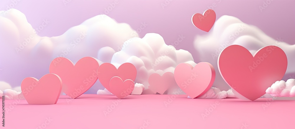 Several paper hearts are seen floating in the air between fluffy clouds, creating a whimsical and romantic atmosphere. The hearts are varied in size and colors, set against a pink background.