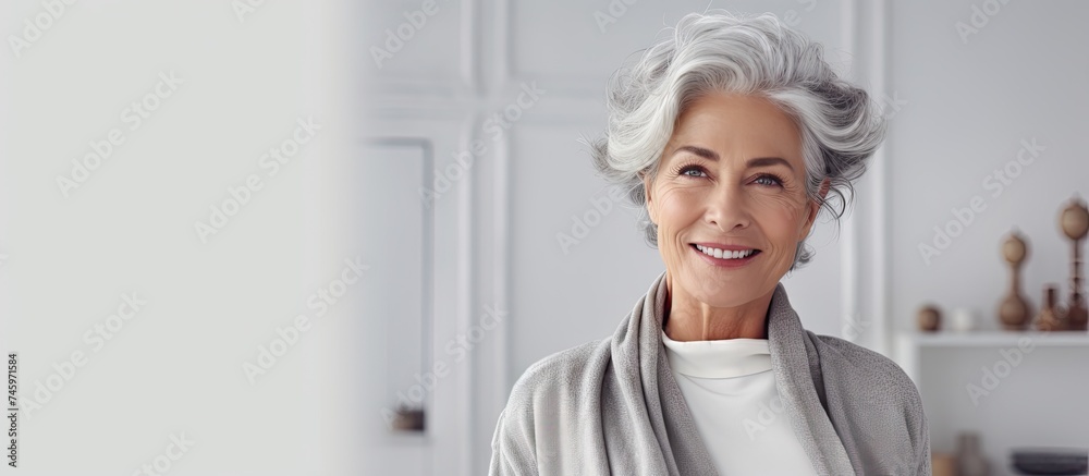 An older woman with gray hair is standing in a white room. She appears smart and stylish, exuding confidence and elegance in the bright studio setting. An older woman with gray hair is standing in a white room. She appears smart and stylish, exuding confidence and elegance in the bright studio setting.