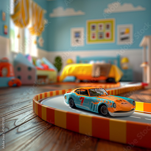 Toy own racetrack in kids bedroom  photo