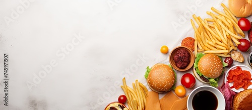 A top-down view of a white marble table covered with a wide selection of fast food items including pizza, hamburgers, French fries, chips, hot dogs, and sweets. photo
