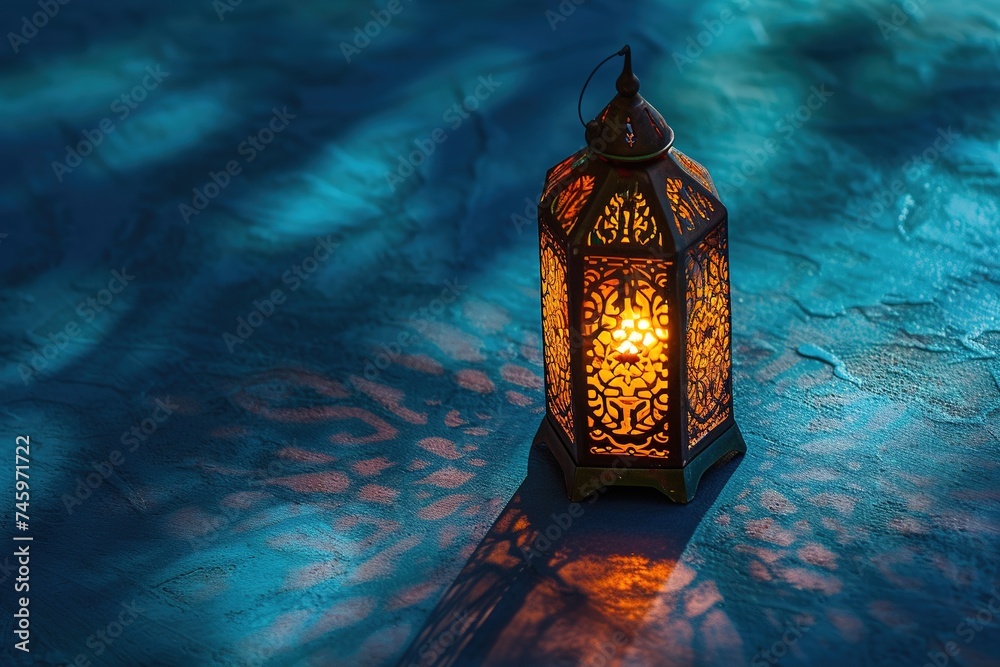 Vintage lantern emitting light hanging on a blue wall.