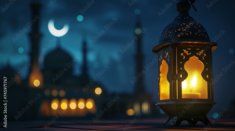 Lantern on crescent moon over mosque background. - obrazy, fototapety, plakaty 