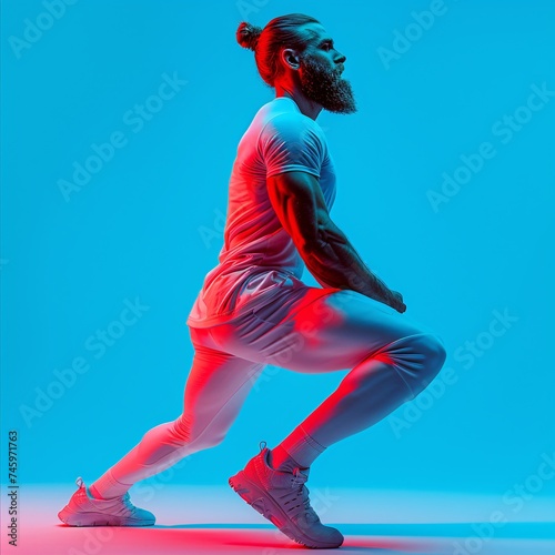 A dynamic image capturing a sportsman in motion with intense blue and red lighting creating a vibrant energy
