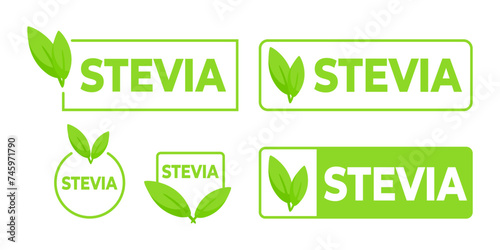 Set of green Stevia labels with leaf icon, perfect for marking natural sweetener products and sugar free options. photo