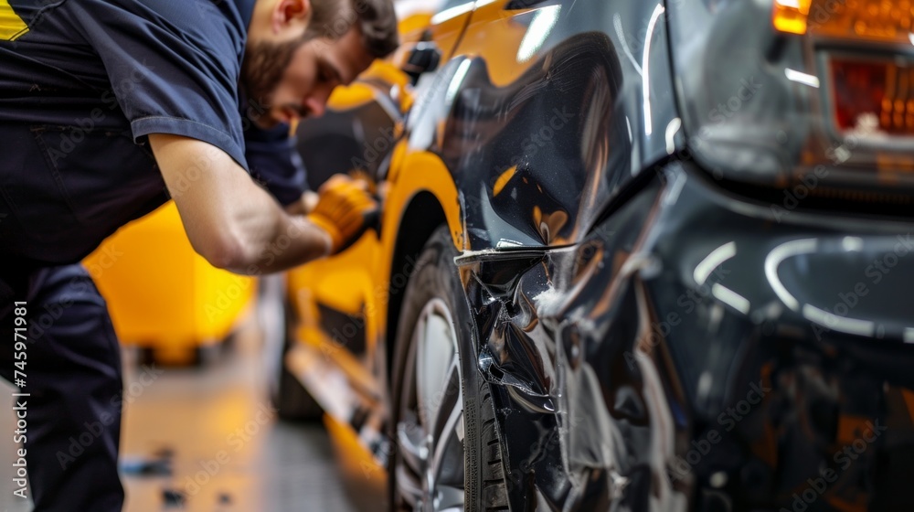 auto repairman worker in automotive industry examining car body painting or repaint at auto repair shop