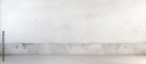 A black and white photo of an empty room with white concrete walls and a seamless, grunge-style floor. The room appears abandoned, with no furniture or decorations present.