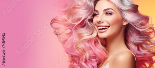 A young woman is smiling brightly, showcasing her vibrant pink hair, which is styled in a wavy rainbow pattern. She exudes happiness and confidence in this isolated shot on a flat pink background.