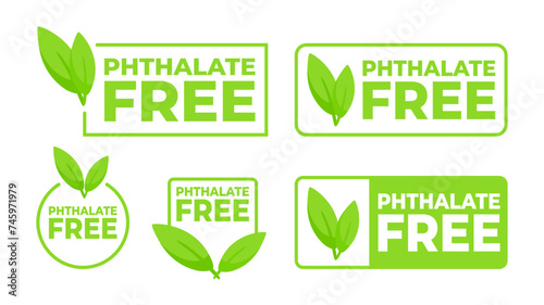 Set of green safety labels featuring Phthalate Free text and a leaf design, for health safe product packaging.