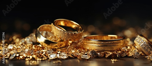 A collection of gold jewelry including rings, chains, bracelets, and earrings arranged on top of a table. The items sparkle in the light, showcasing their beauty and value. photo