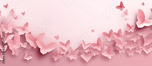A group of pink butterflies is gracefully flying through the air. Their delicate wings flutter as they move together in unison. The soft pink color stands out against the sky.