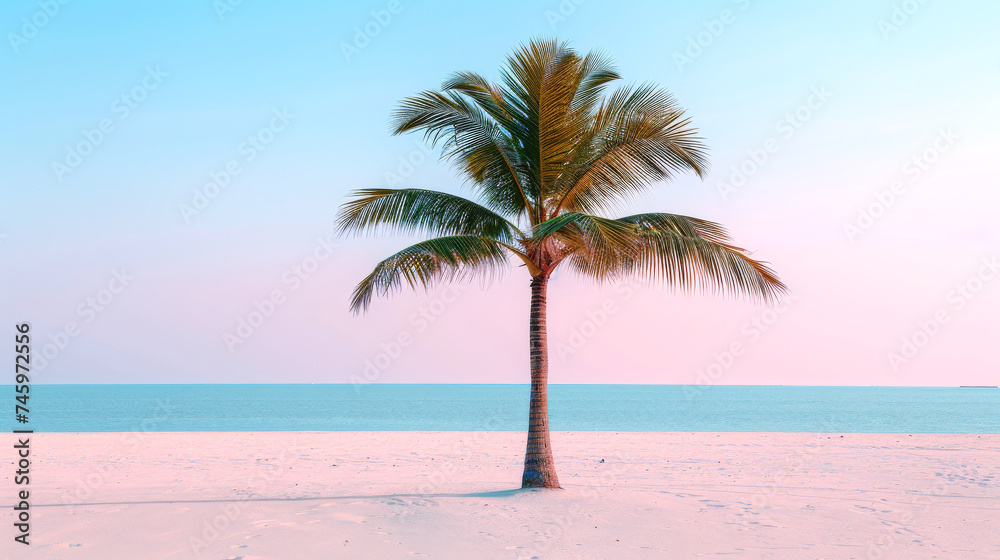 Serene Beach with Single Palm Tree.
A lone palm tree stands on a tranquil beach against a pastel sky.
