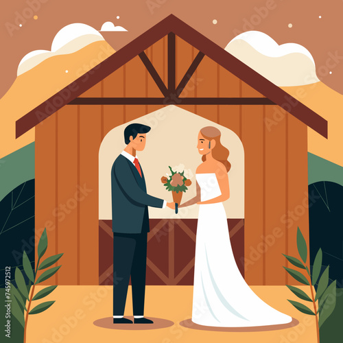 A bride and groom exchanging vows in a rustic barn. vektor illustation