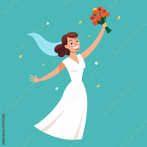 A bride tossing her bouquet with excitement. vektor illustation