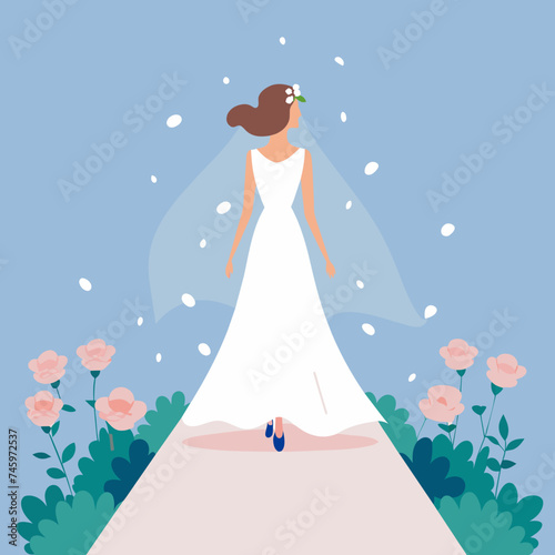 A bride walking down a flower-strewn aisle. vektor illustation