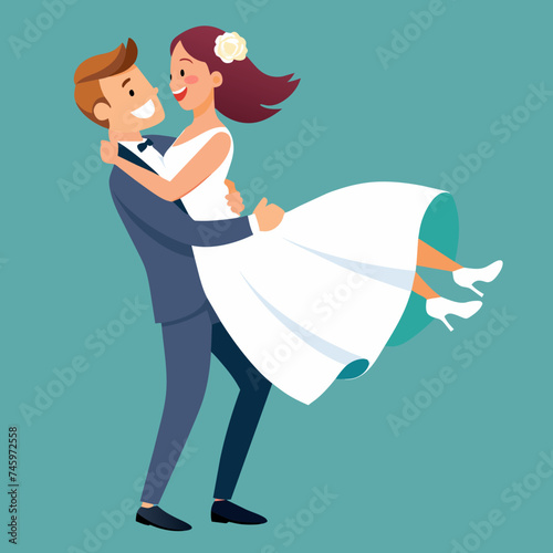 A groom lifting his bride in a joyful embrace. vektor illustation