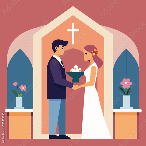 A couple exchanging vows in a charming chapel. vektor illustation