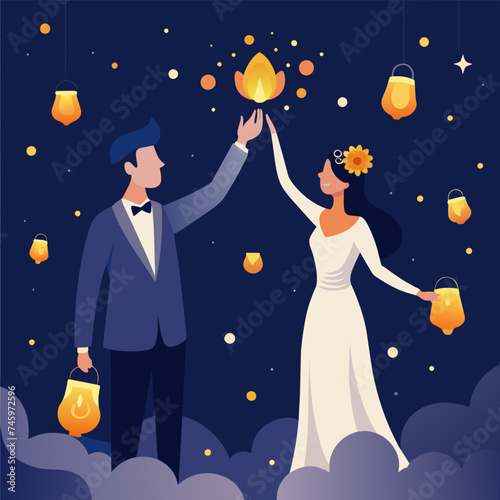 A bride and groom releasing lanterns into the night sky. vektor illustation