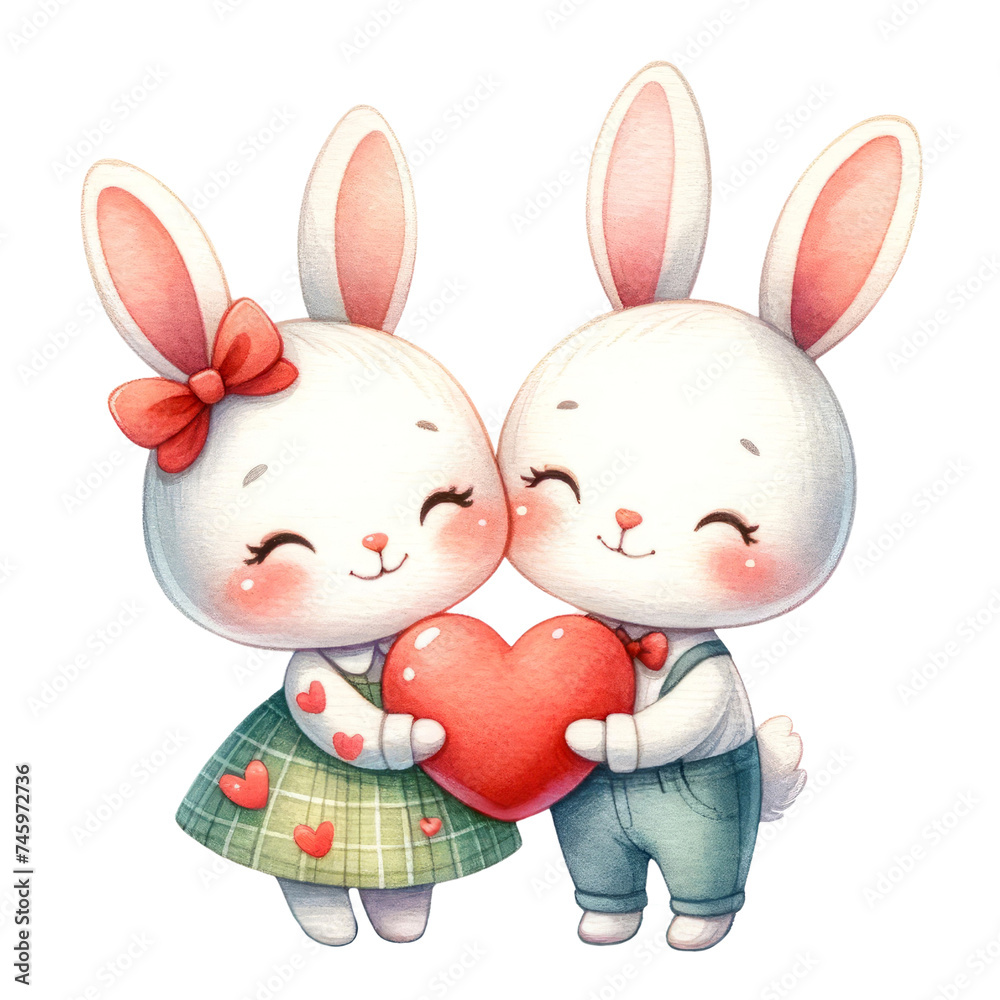 Watercolor cute bunny couple holding a heart. Romantic animal. Valentine's element clipart. Watercolor cute bunny couple holding a heart. Romantic animal. Valentine's element clipart.