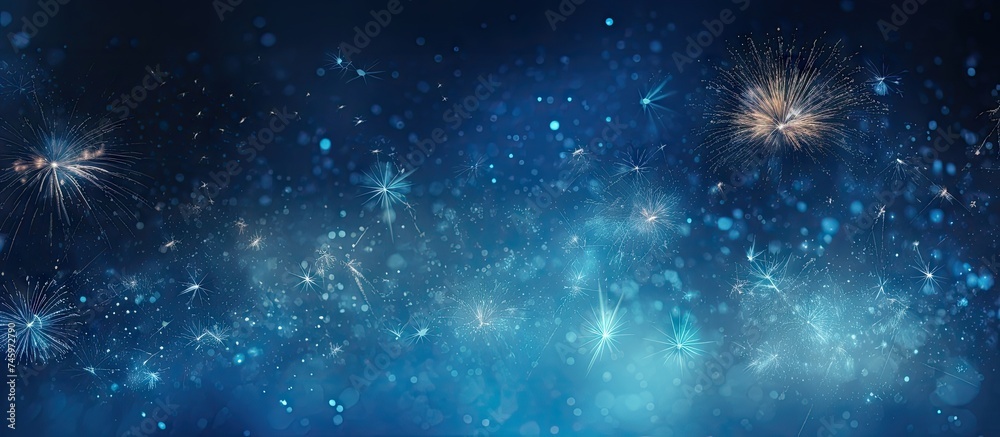 A vibrant blue background filled with bright fireworks and sparkling stars, creating a festive and celebratory atmosphere. The fireworks light up the night sky, A vibrant blue background filled with bright fireworks and sparkling stars, creating a festive and celebratory atmosphere. The fireworks light up the night sky,