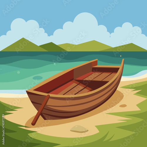 A lone wooden rowboat resting on the shore. vektor illustation