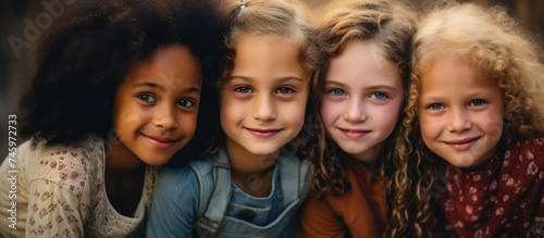 A diverse group of young girls standing next to each other, showcasing friendship and innocence as they smile joyfully.