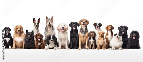 A collage of funny dogs of different breeds sitting next to each other on a white studio background. The dogs are posing in a row, displaying their unique characteristics and personalities.