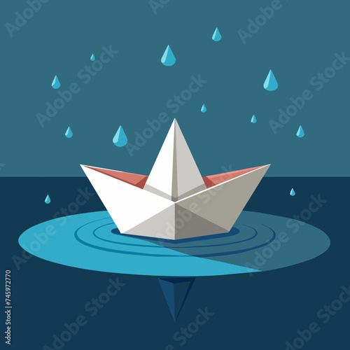 A solitary paper boat floating in a puddle after the rain. vektor illustation