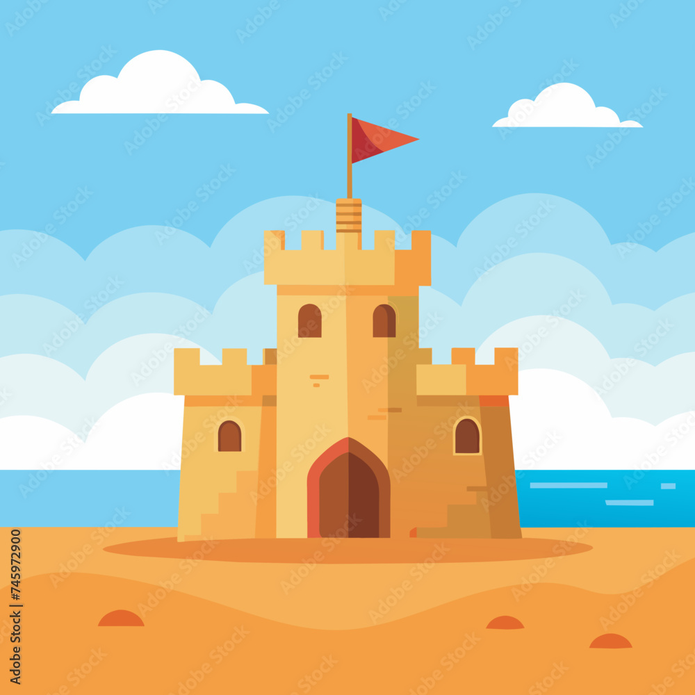 A lone sandcastle standing proud on the beach. vektor illustation