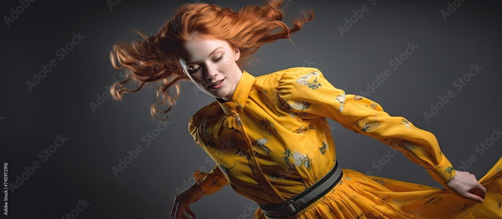 A woman with striking red hair is joyfully dancing in a bright yellow dress inside a studio. Her movements are energetic and full of passion, exuding a sense of happiness and freedom.
