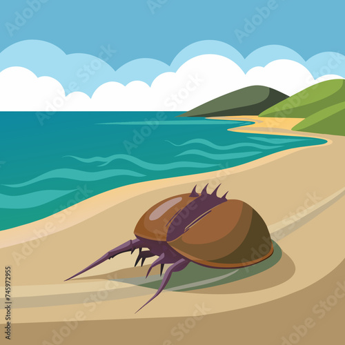 A solitary horseshoe crab scuttling along the shoreline. vektor illustation
