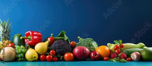 A vibrant display of various fruits and vegetables set against a bright blue background, creating a striking contrast. The assortment includes apples, bananas, carrots, tomatoes, and more,