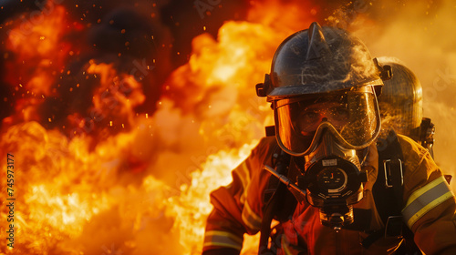 A dedicated volunteer firefighter in full gear tackles a training blaze, showcasing the intensity and preparation for real-life emergencies
