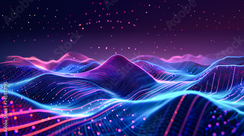 A high-quality digital landscape illuminated by neon lights, symbolizing connectivity in the technology world, vibrant and dynamic