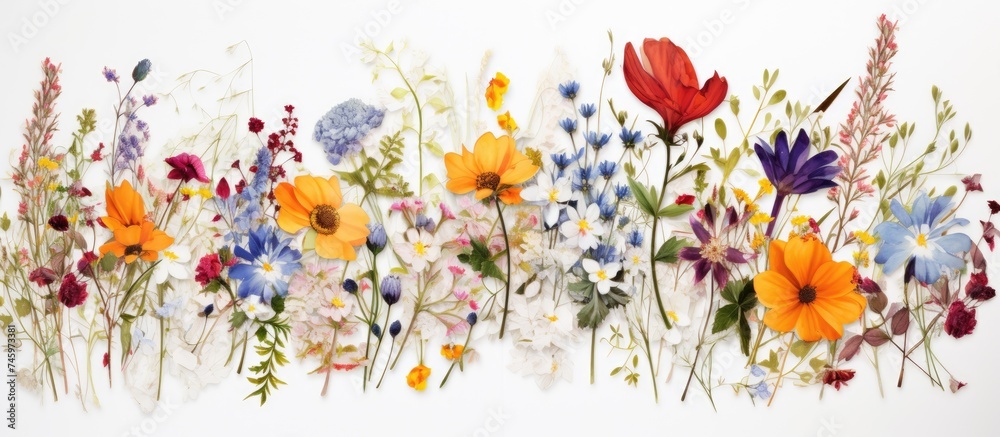 A painting depicting a variety of wildflowers in full bloom against a clean white background. The flowers are intricately detailed, each showcasing unique colors and shapes.