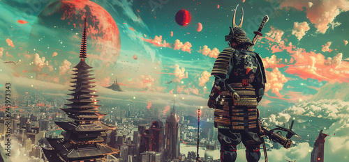 A samurai with futuristic armor stands atop a skyscraper, overlooking a sci-fi city under a galactic sky, blending tradition and futurism photo