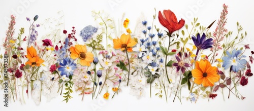 A painting depicting a variety of wildflowers in full bloom against a clean white background. The flowers are intricately detailed  each showcasing unique colors and shapes.