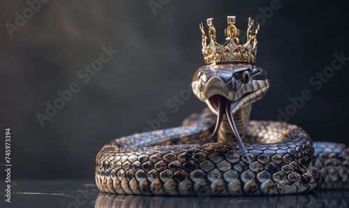 A snake wearing crown on head showing tongue, set in a minimal background