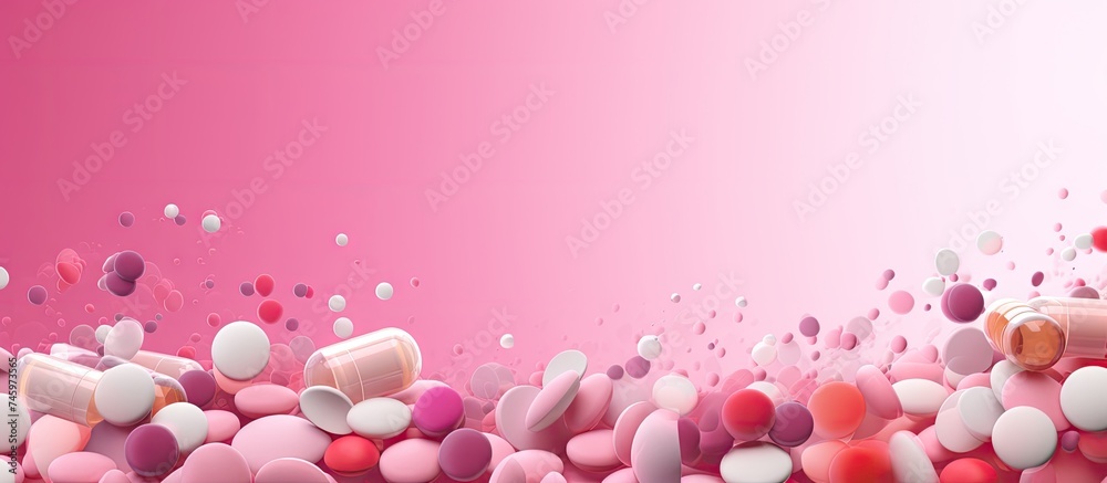 A pink background is scattered with various pills and dietary supplements, creating a pharmaceutical web banner. The pills are displayed in different shapes, sizes, and colors, A pink background is scattered with various pills and dietary supplements, creating a pharmaceutical web banner. The pills are displayed in different shapes, sizes, and colors,