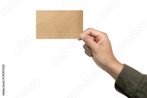 Hand hold blank business card to enter your message isolated on white background. Brown business card