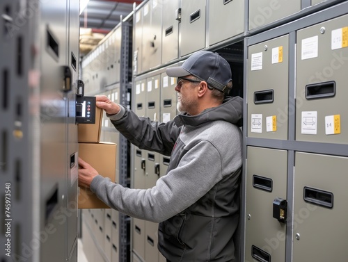 A business owner installing a secure locker system for contactless package pickup by customers